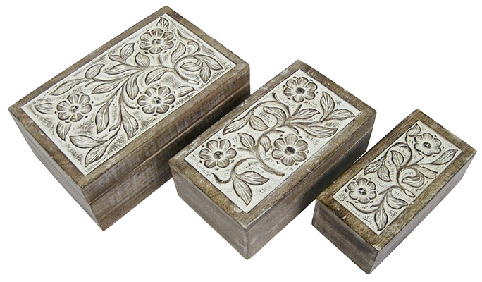 Mango Wood Set Of 3 Boxes Burnt White Finish - Click Image to Close
